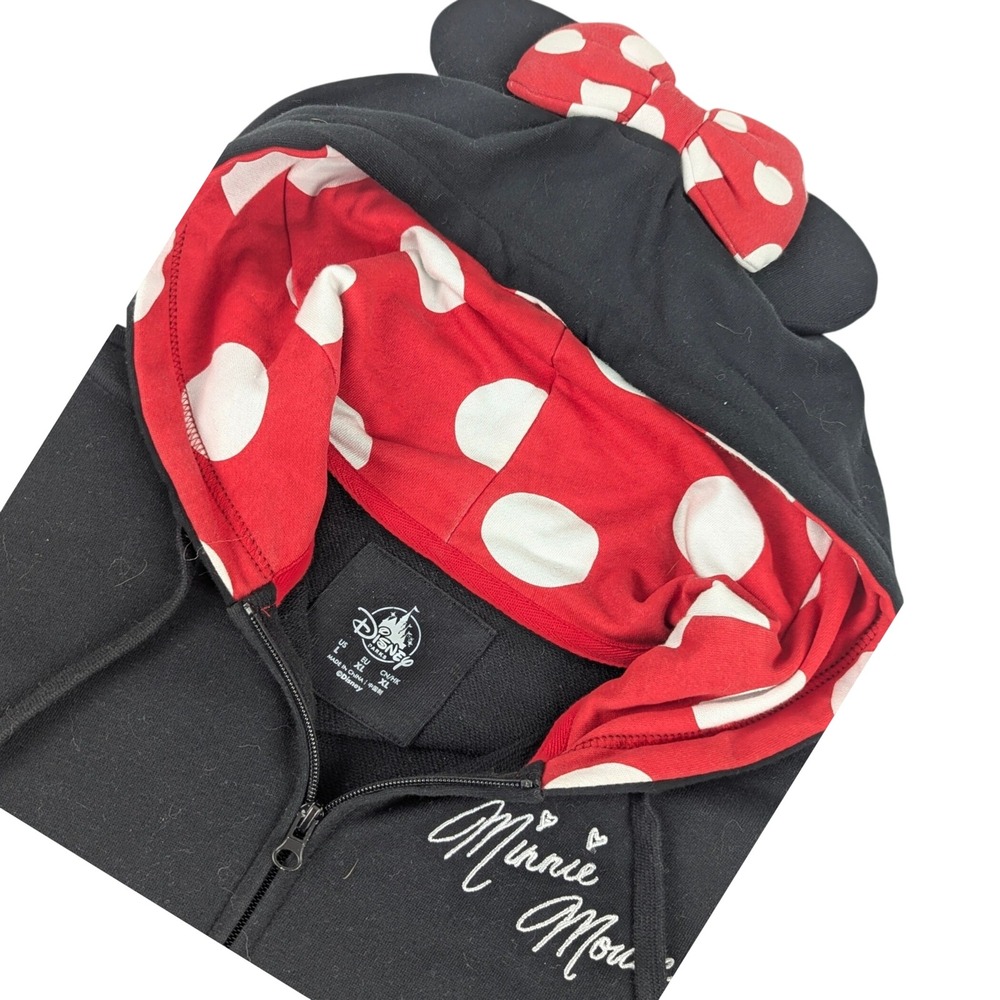 Disney Parks Minnie Mouse Full Zip Hoodie Black Red Polka Dot Ears Bow Large